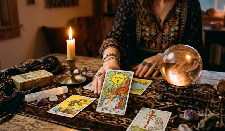 Woman performing tarot reading with cards, candle, crystals, and crystal ball